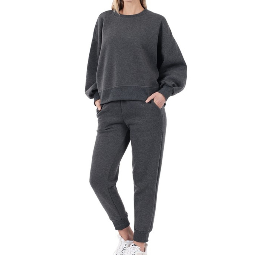 New 2 piece sweatshirt and sweatpants set charcoal dark gray balloon sleeve